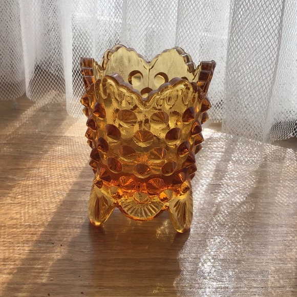 VINTAGE FENTON HOBNAIL AMBER GLASS TOOTHPICK HOLDER GLOWY - Picture 2 of 14